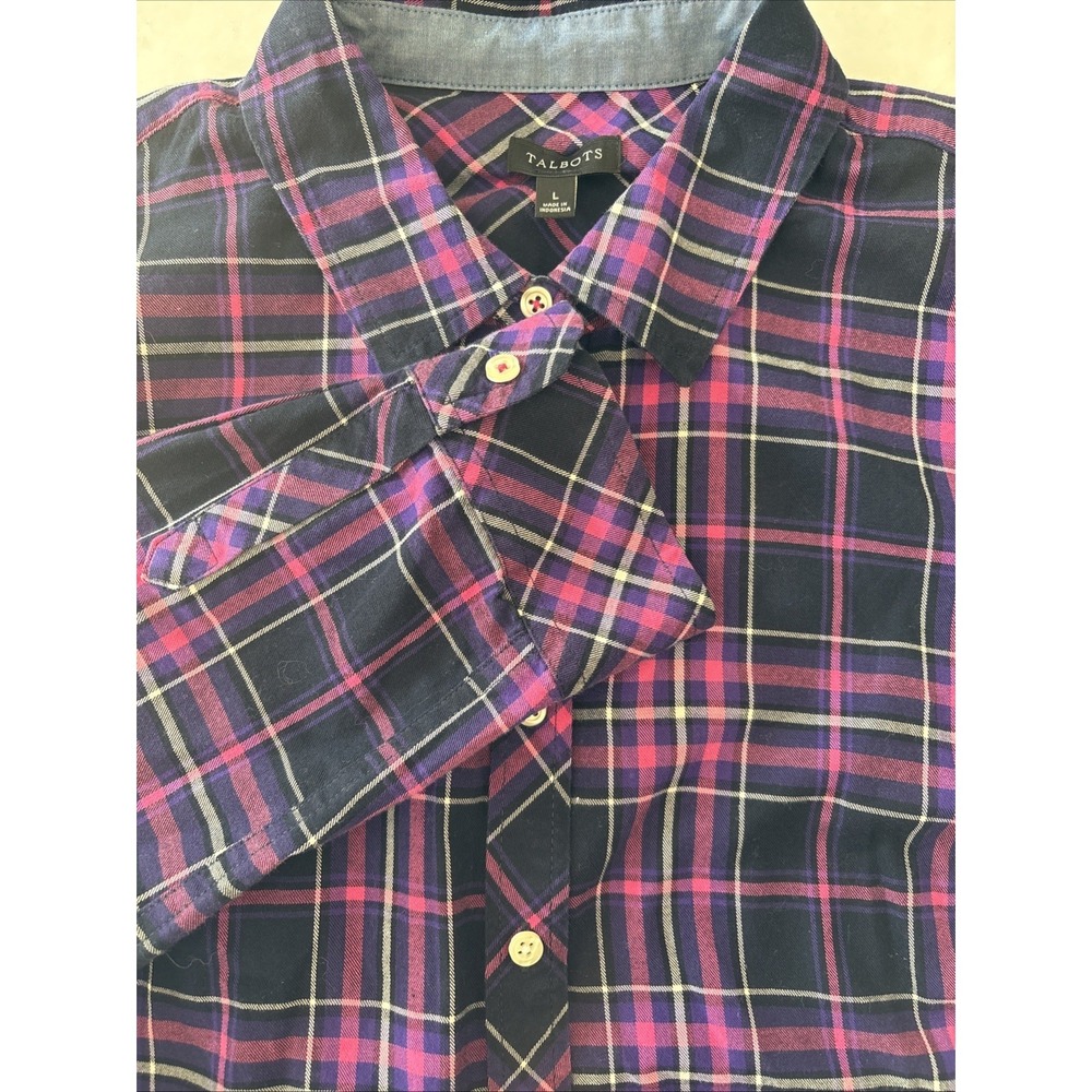 TALBOTS Top Blouse Womens‎ L Pink Check Plaid Twill Button-Up Shirt EUC Flannel